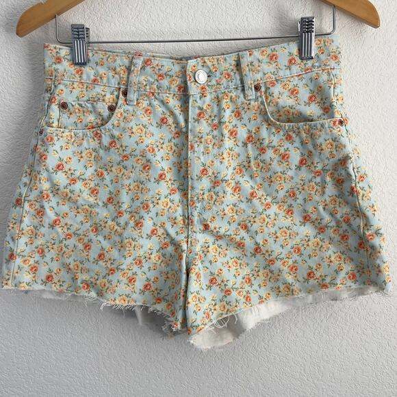 Zara The 90’s Shorts Romantic Flower Print High Rise Raw Hem Denim Shorts SZ 4 - Picture 1 of 8
